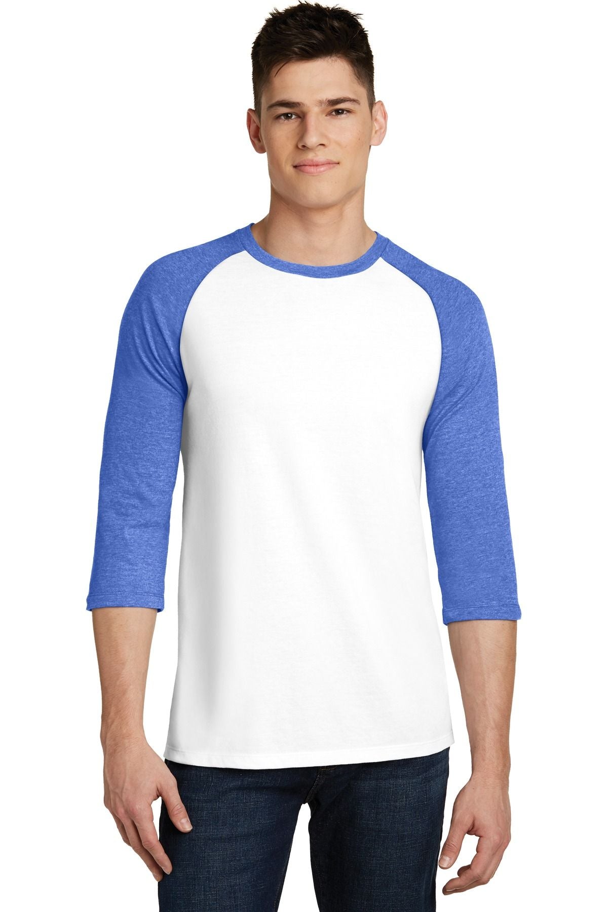 3/4-sleeve raglan T-shirt, white body with blue contrast sleeves and crew neck trim