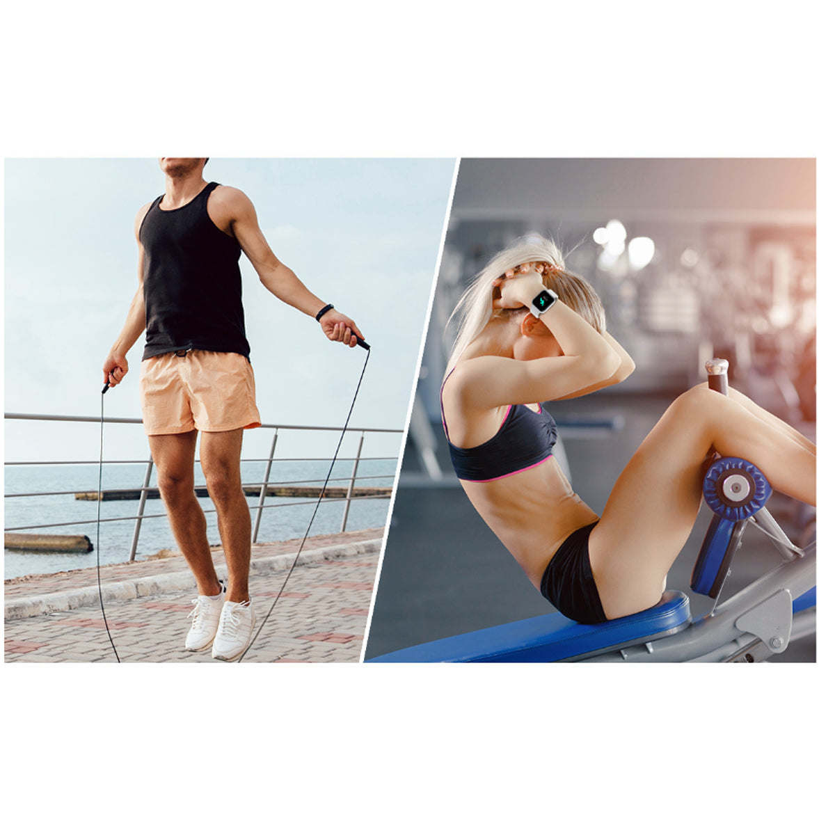 Smart watch on wrist worn during exercise, square display visible