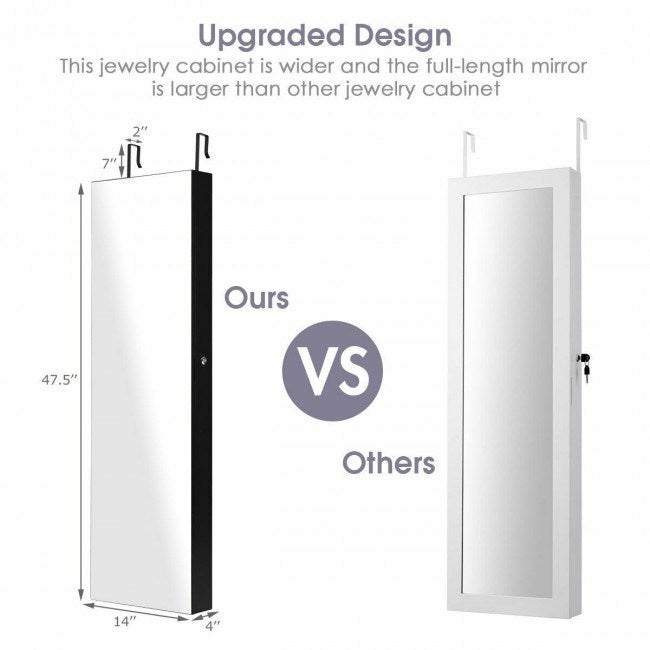 Mirrored jewelry cabinet size comparison diagram, full-length mirror, wall or door mounting