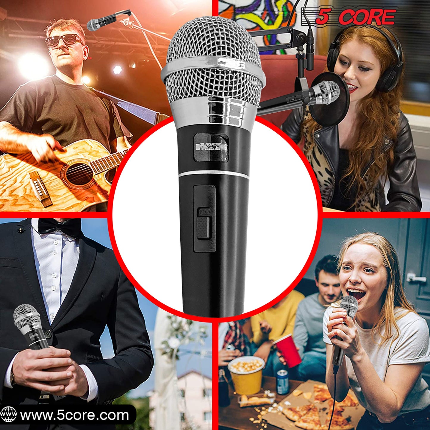 Black handheld dynamic microphone with grille and on/off switch