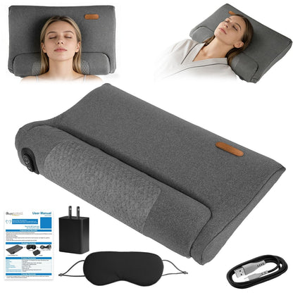 Dark grey neck massager pillow set with cables, power adapter, and instruction manual