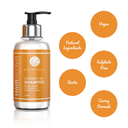 Hair repair shampoo bottle with pump, coconut oil; vegan and sulfate-free