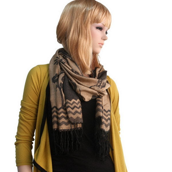 Floral pashmina shawl worn by model: khaki and dark brown with zigzag trim, fringe