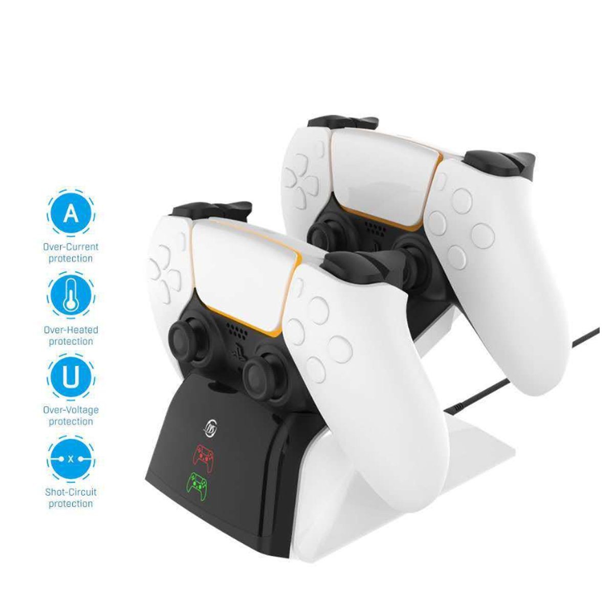 PS5 controller charging stand with white base and black grips