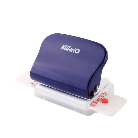Blue 6-hole mini paper puncher with clear tray and red guide