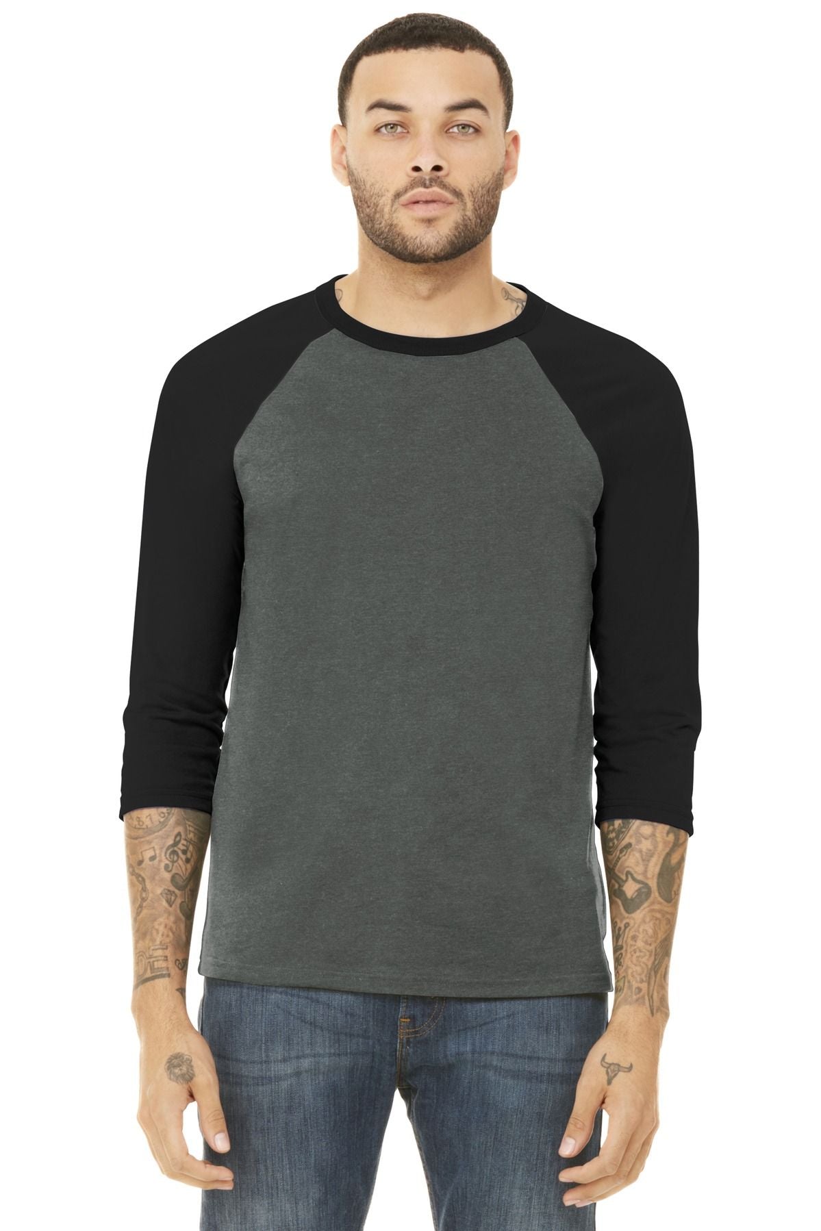3/4-sleeve raglan baseball tee with black sleeves and charcoal gray body