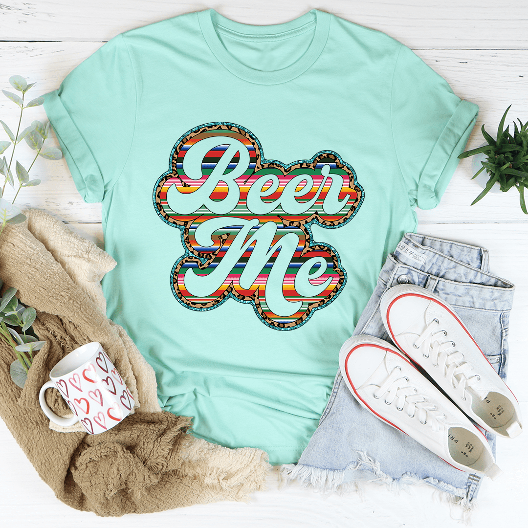 Heather mint crewneck T-shirt with 'Beer Me' graphic print