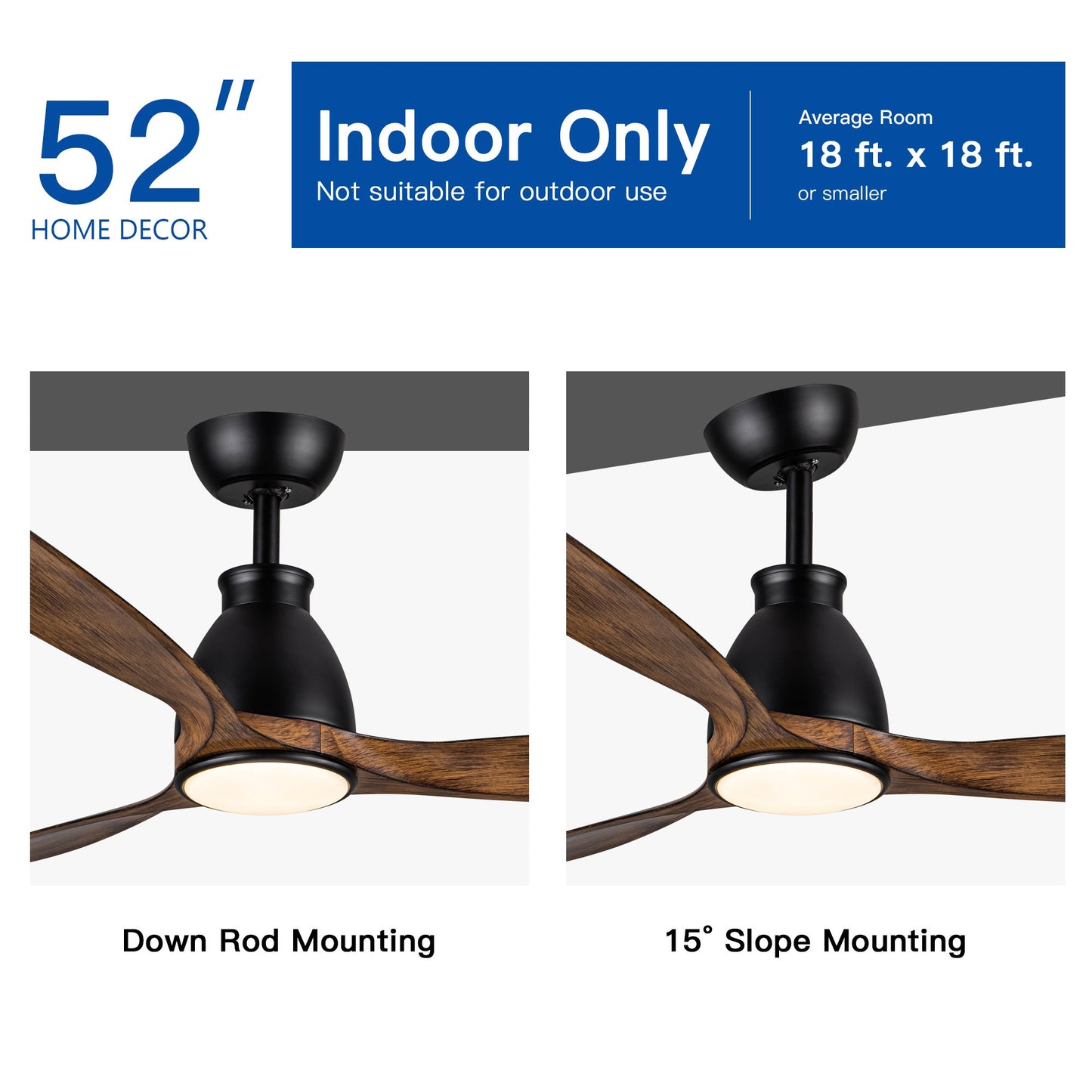 Black ceiling fan with wood blades shown for down-rod and slope mounting
