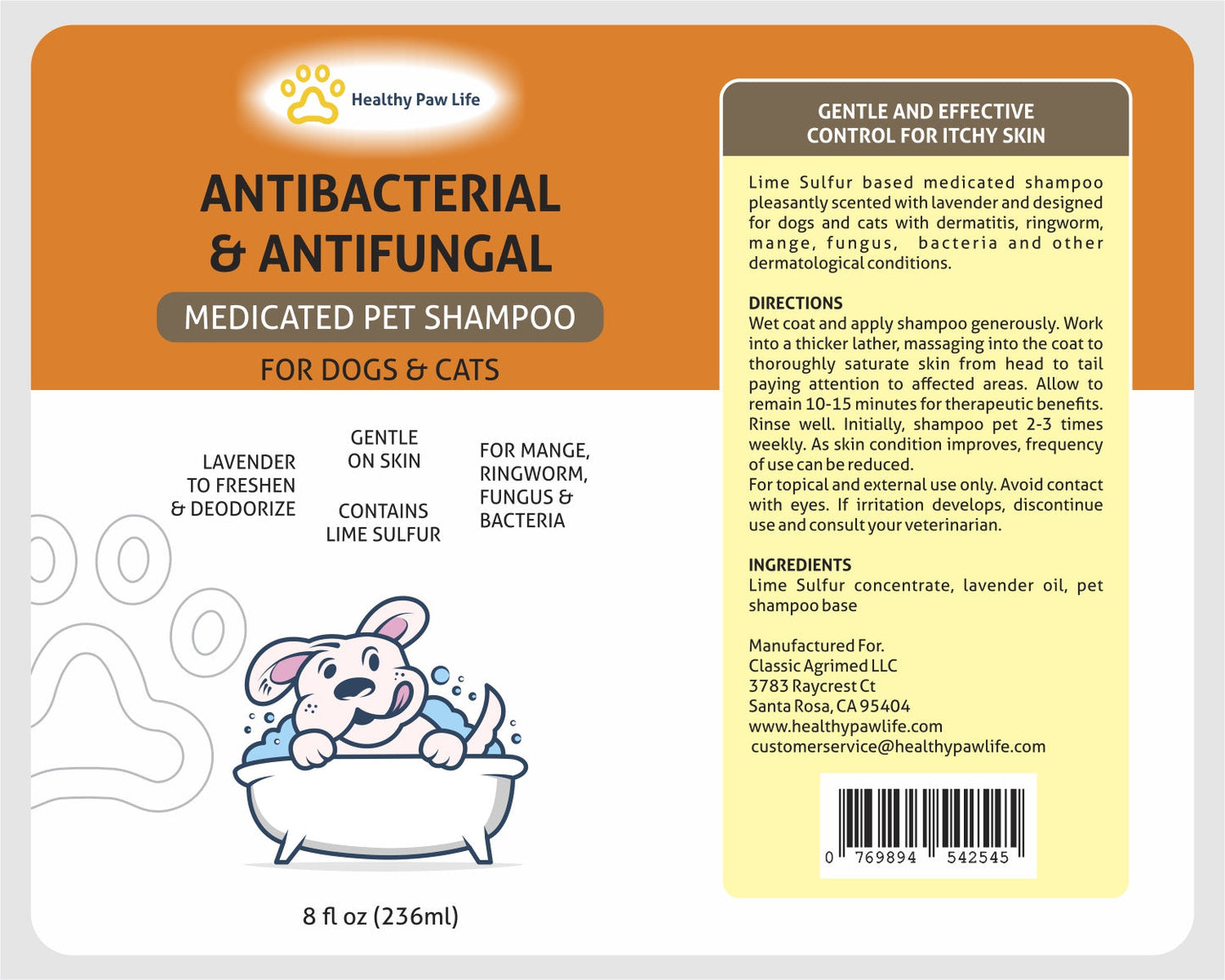 Medicated pet shampoo package back label with directions and ingredients panel