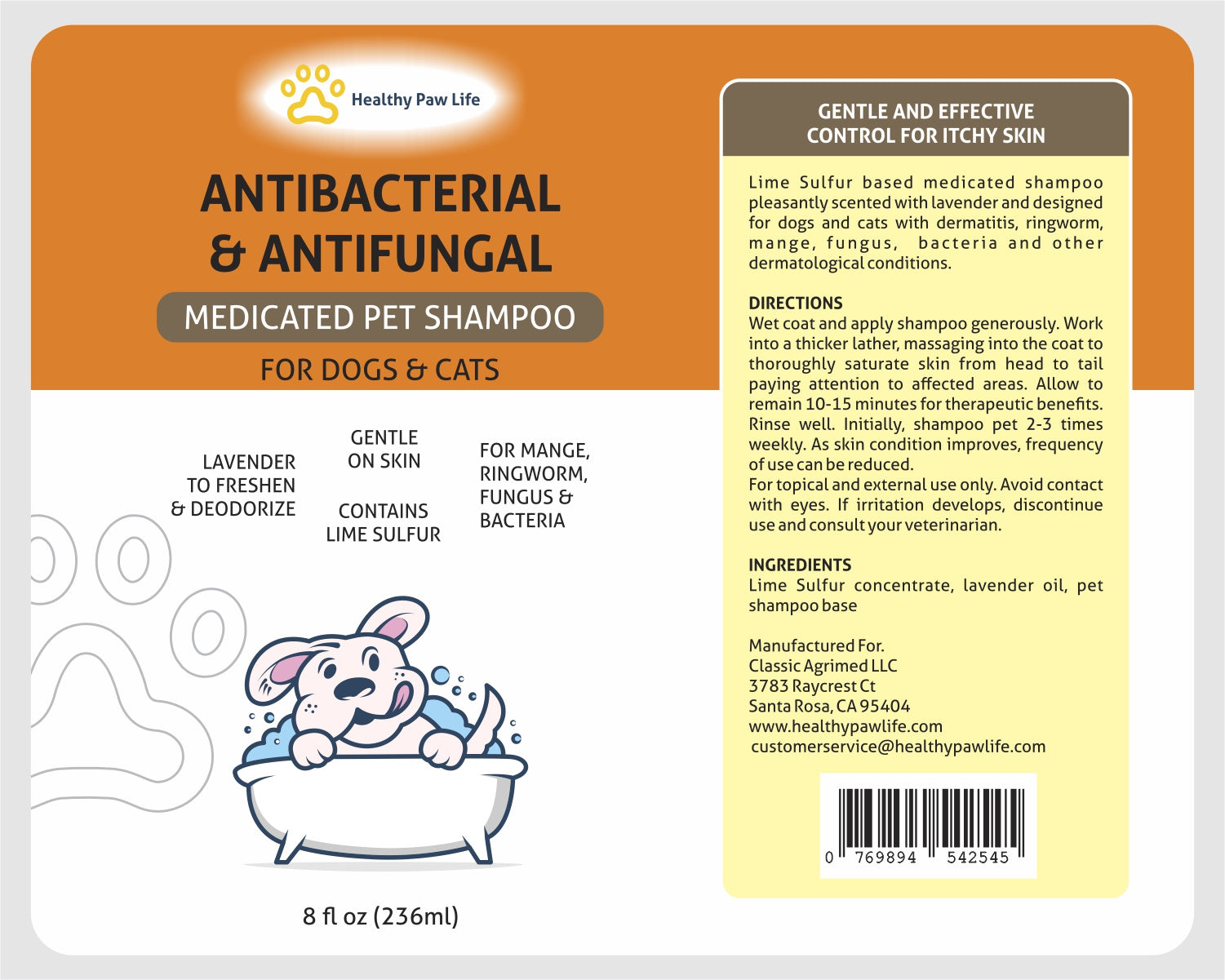 Medicated pet shampoo package back label with directions and ingredients panel