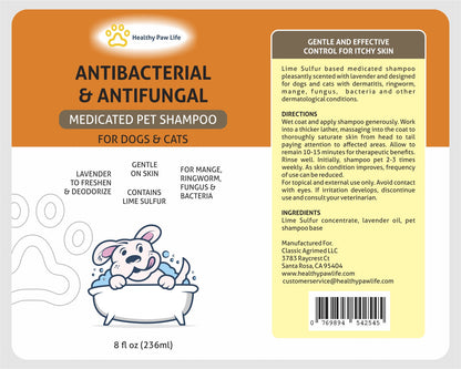 Medicated pet shampoo package back label with directions and ingredients panel
