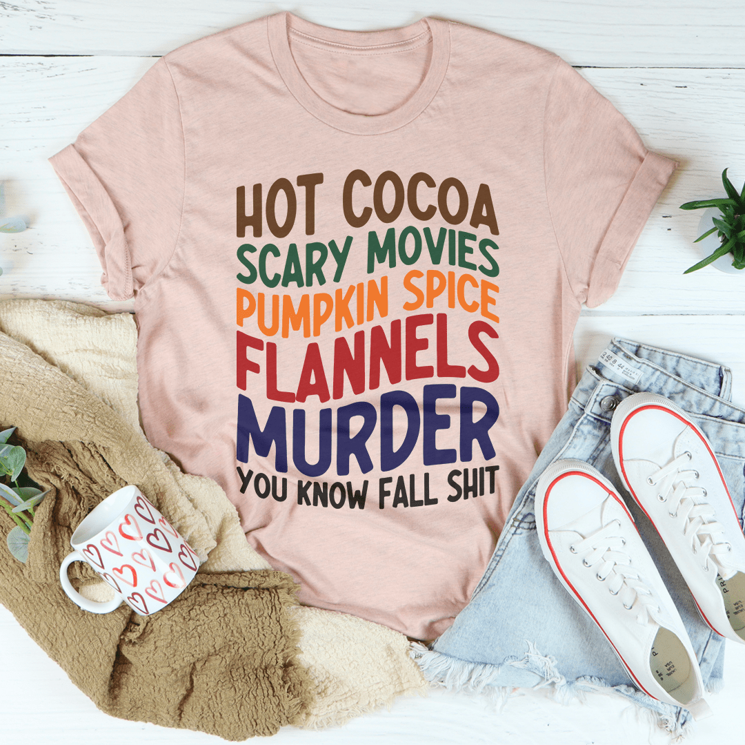 Blush pink crewneck T-shirt with multicolor fall-themed slogan graphic, short sleeves