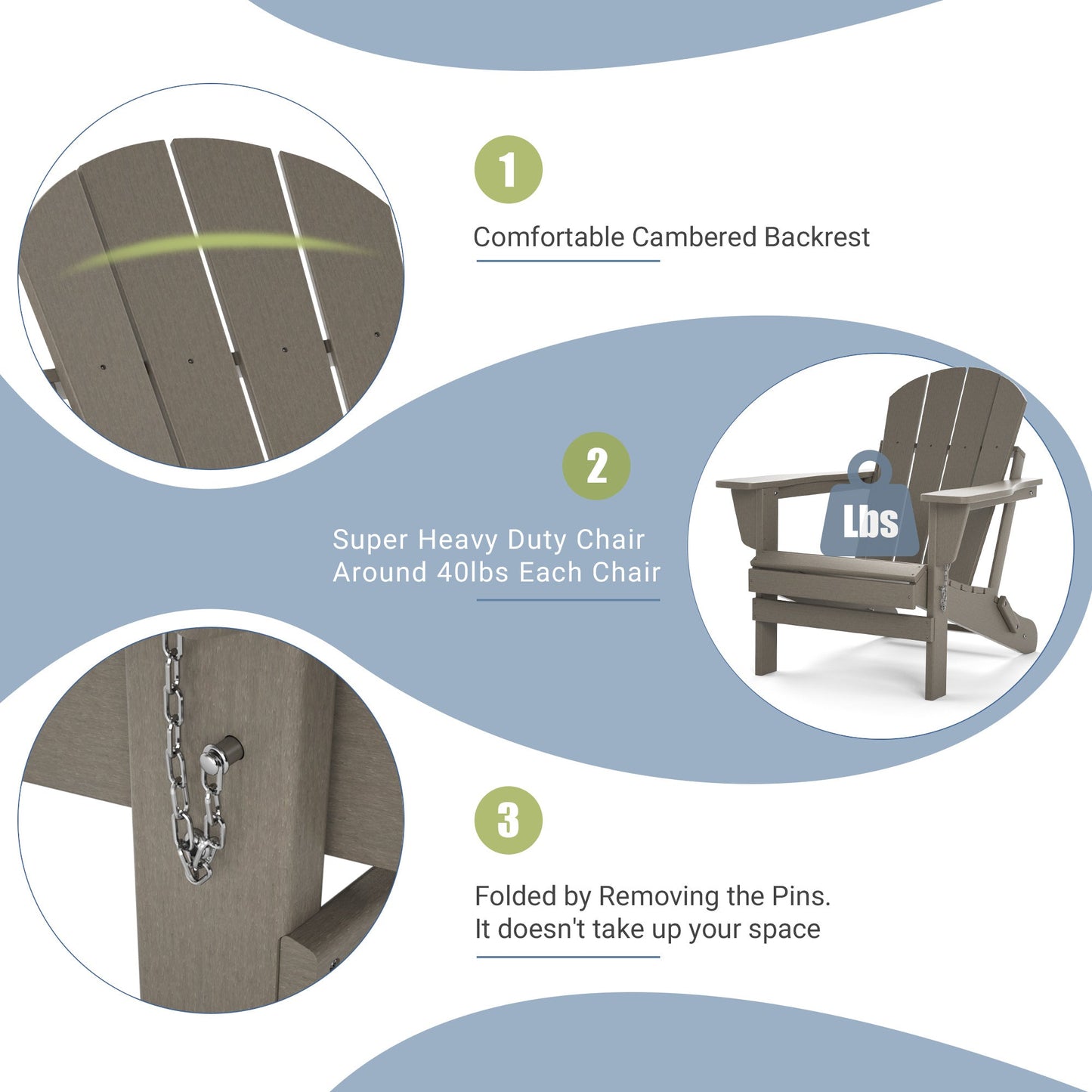 Folding Adirondack-style patio chair design features: curved back, heavy-duty frame, folding pins.