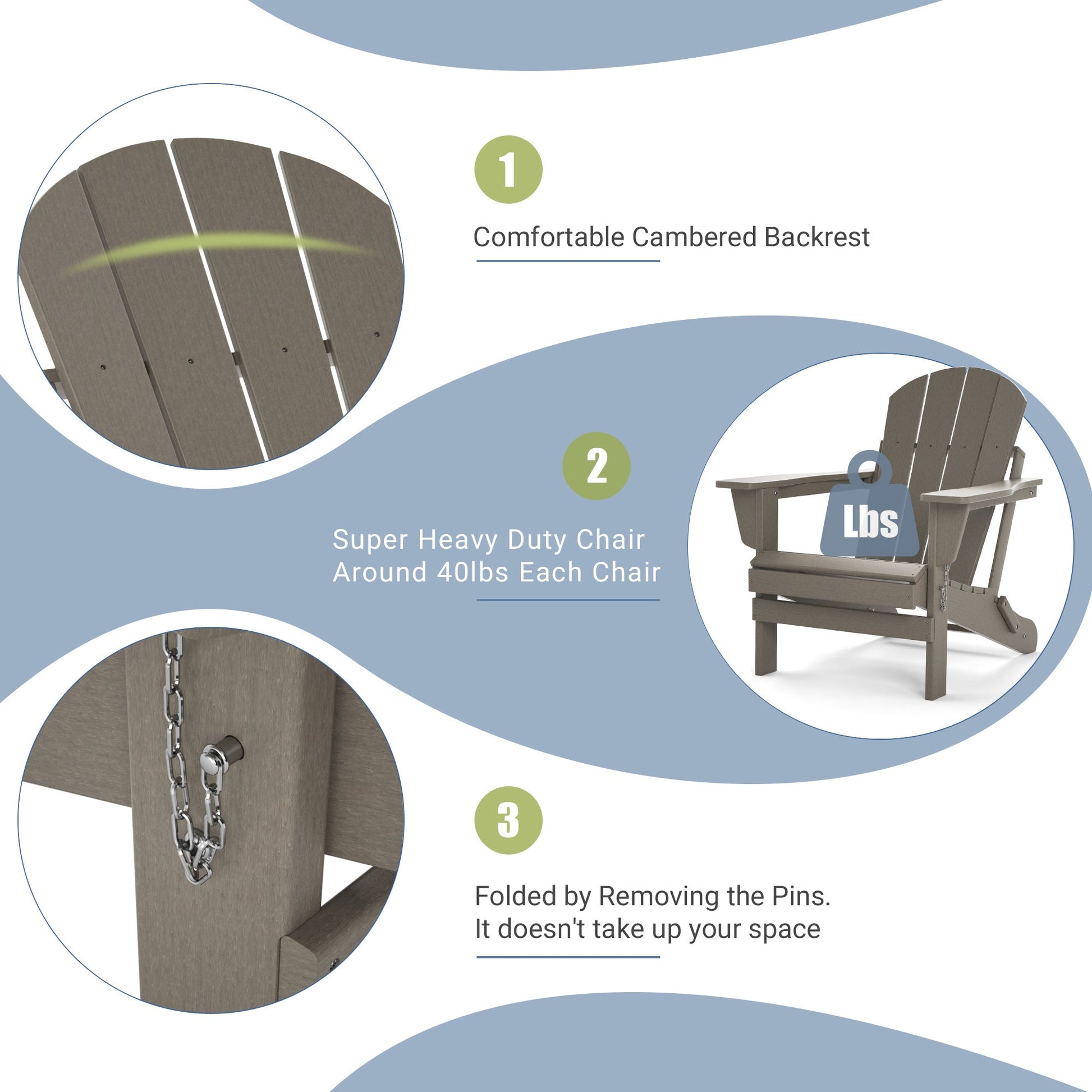 Folding Adirondack-style patio chair design features: curved back, heavy-duty frame, folding pins.