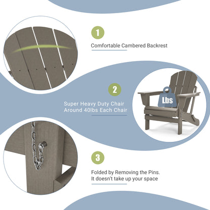 Folding Adirondack-style patio chair design features: curved back, heavy-duty frame, folding pins.
