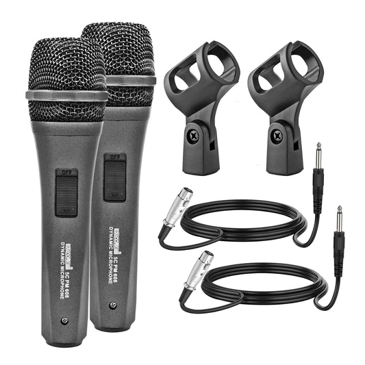 Pair of black dynamic cardioid handheld microphones with wired cable and mounting clips