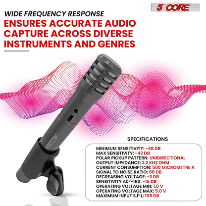 5 CORE Professional Instrument Microphone Pencil Mic Condenser Cardioid Unidirectional Stick Microfono with Windscreen Mic Clip & Case - INSTRU MIC 100 GREY