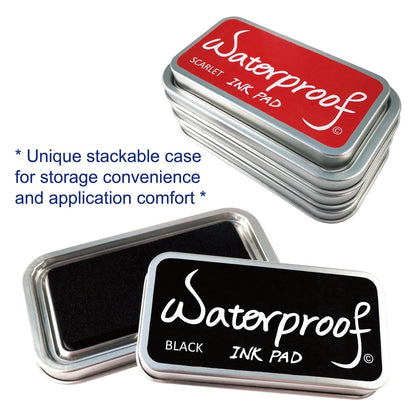 Scarlet waterproof ink pad in stacked gray metal case