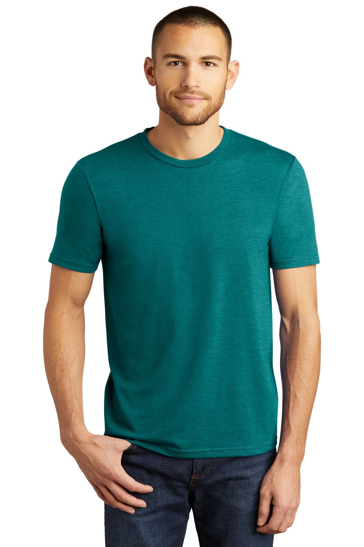 Teal crew neck short-sleeve T-shirt, smooth knit fabric with classic fit