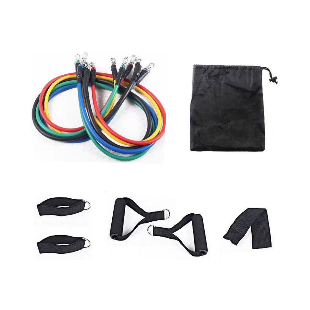 Multicolor resistance band set with metal clips and black storage pouch