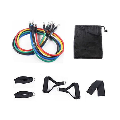 Multicolor resistance band set with metal clips and black storage pouch