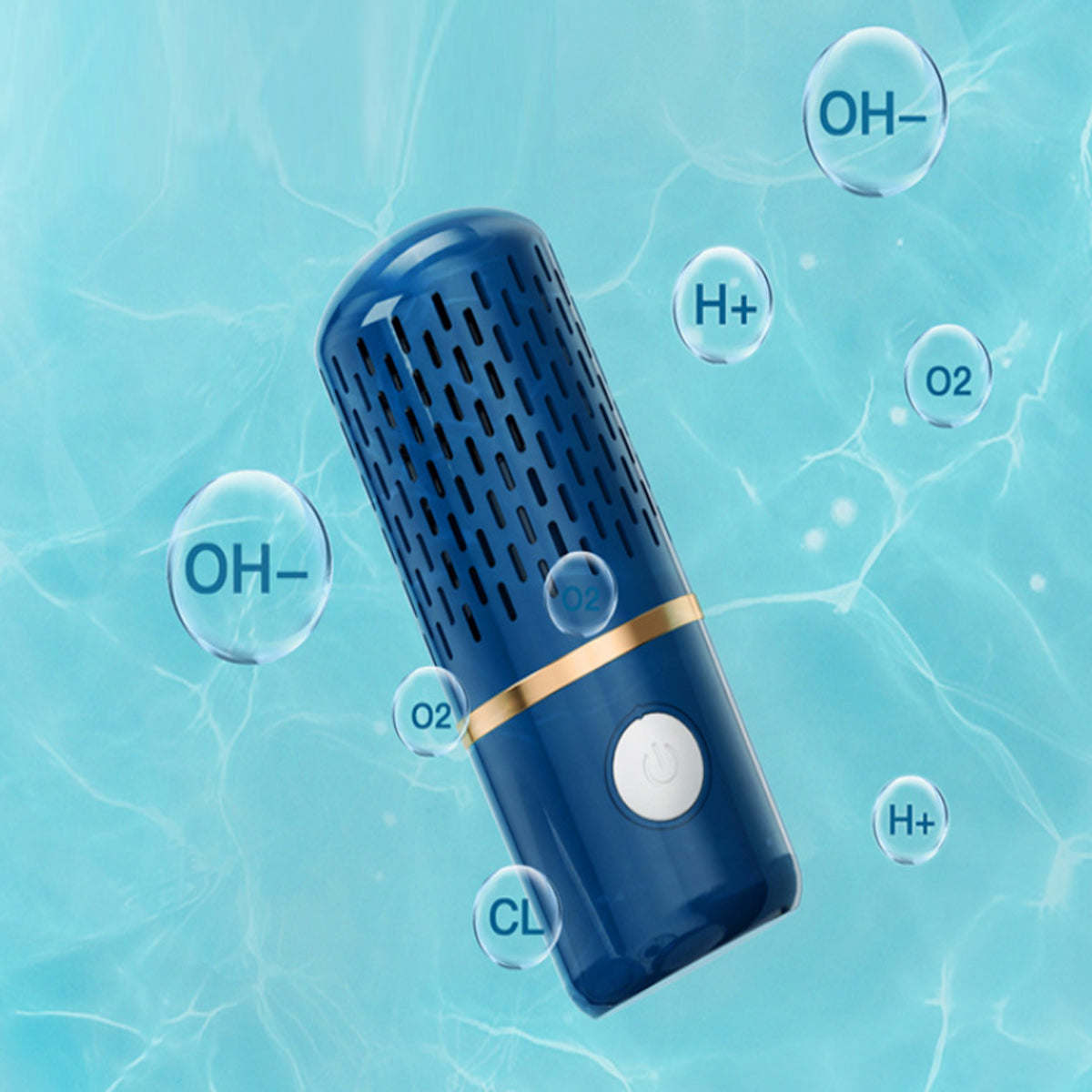 Ultrasonic fruits and veggie cleaner, blue handheld device with water bubbles