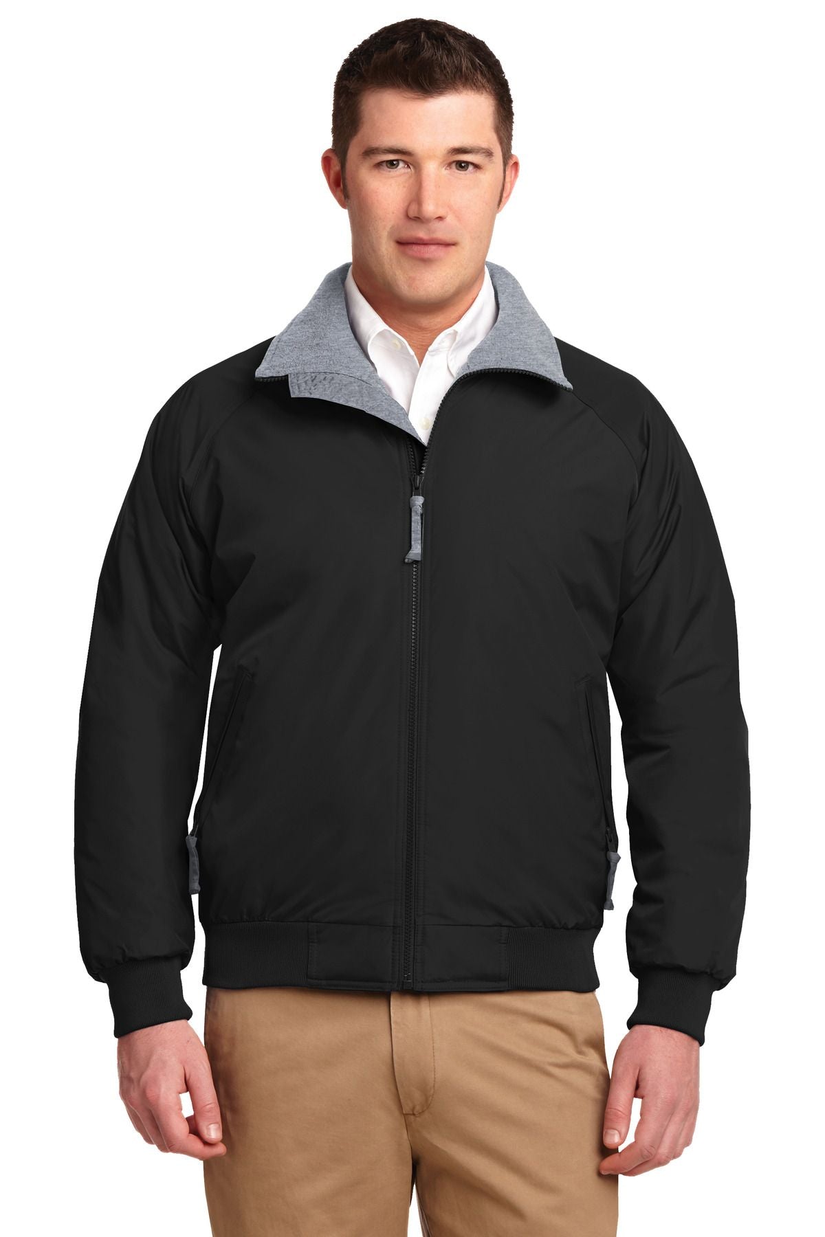 Men's Tall challenger jacket in dark black with gray knit collar, front zipper, ribbed cuffs