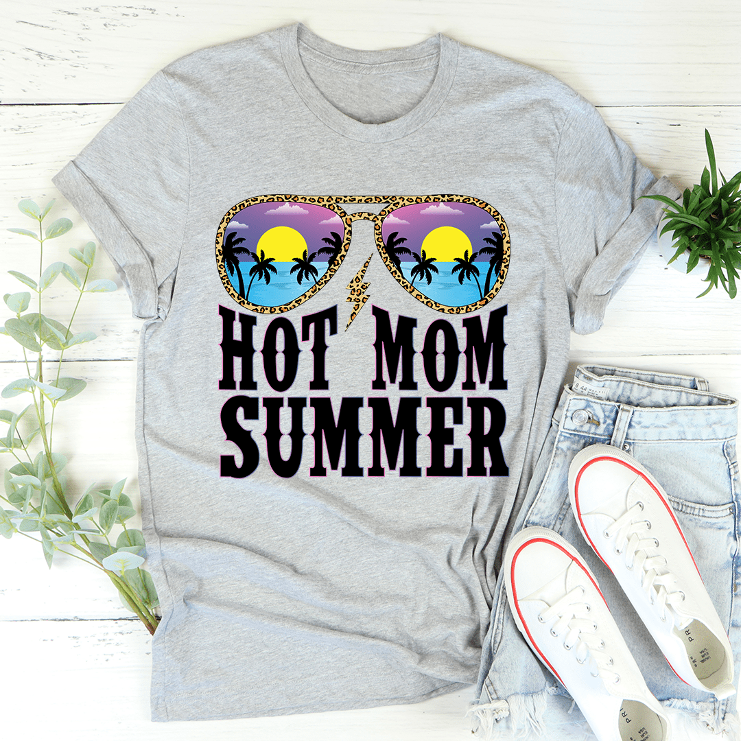 Heather gray graphic crewneck t-shirt: HOT MOM SUMMER sunglasses palm print