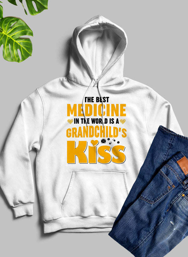 White hoodie with front "The Best Medicine" Kiss graphic, hood and kangaroo pocket.