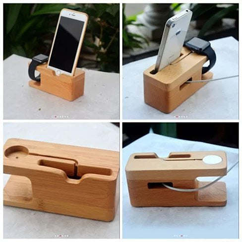Natural wood docking station close-up showing device cutouts and charging cable opening
