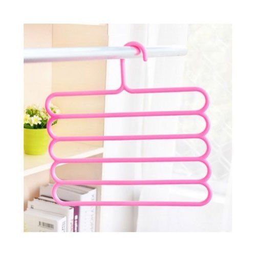 Pink 5-layer plastic hanger holding a folded white curtain or garment.