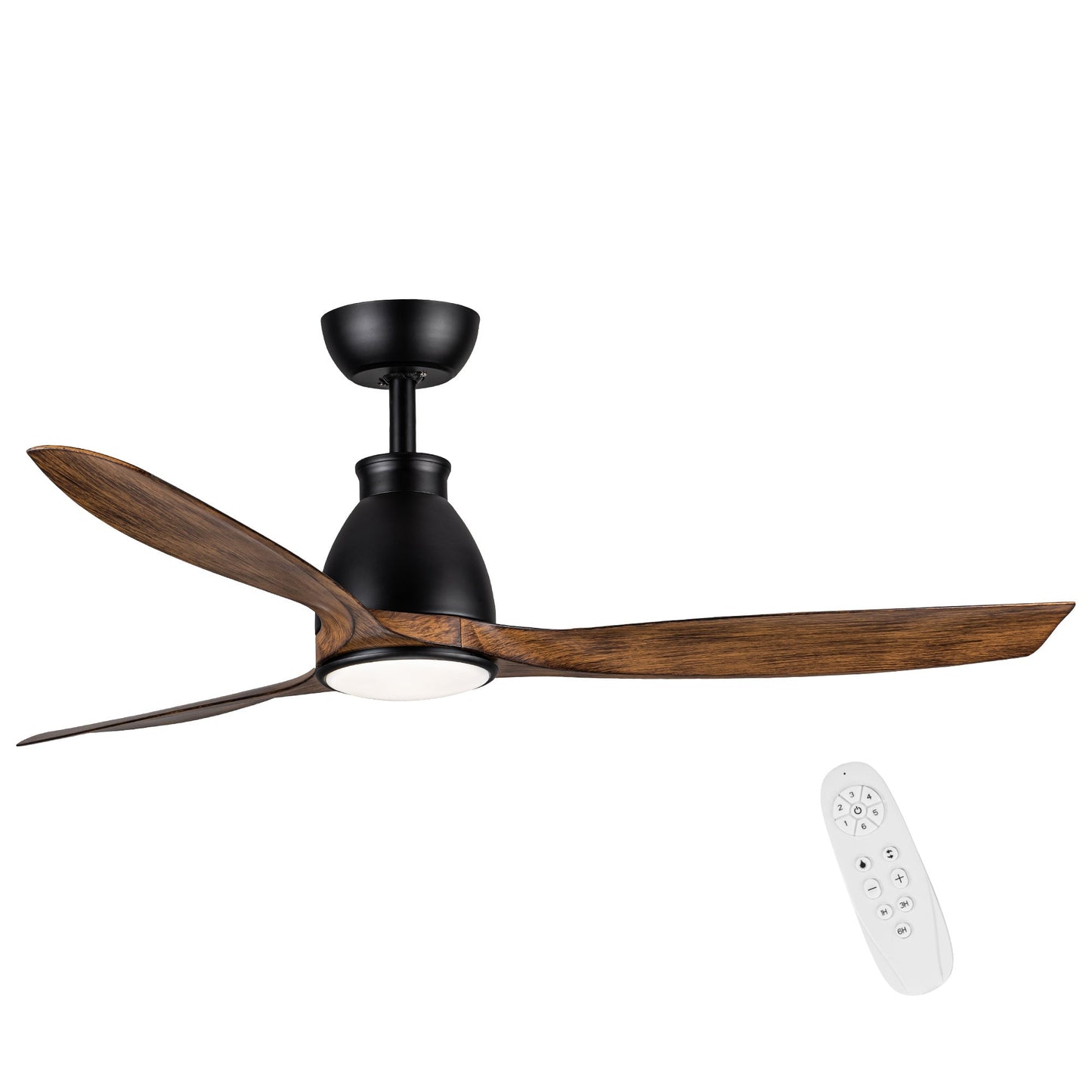 Black modern ceiling fan with integrated LED light, wood blades, includes remote