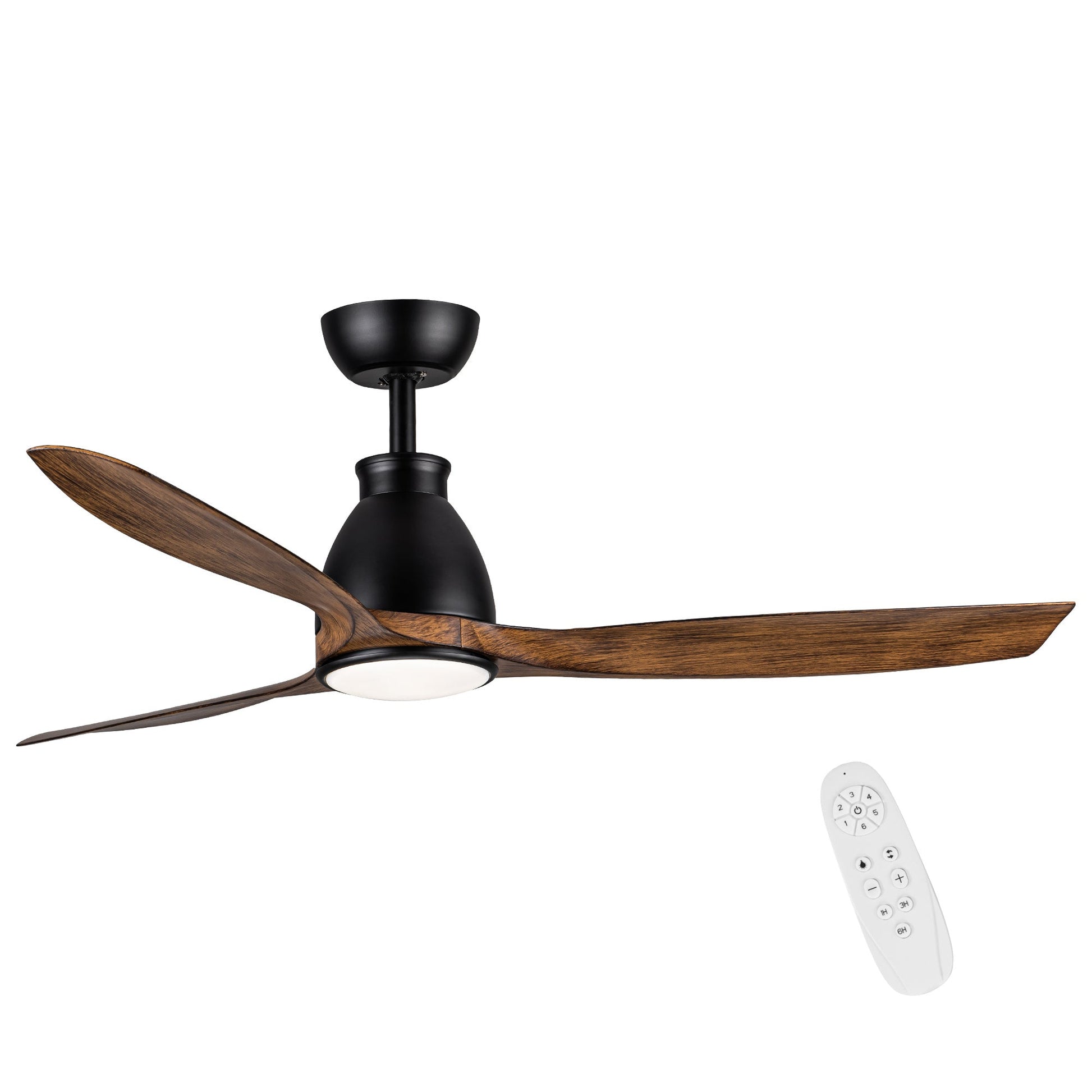 Black modern ceiling fan with integrated LED light, wood blades, includes remote