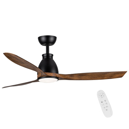 Black modern ceiling fan with integrated LED light, wood blades, includes remote