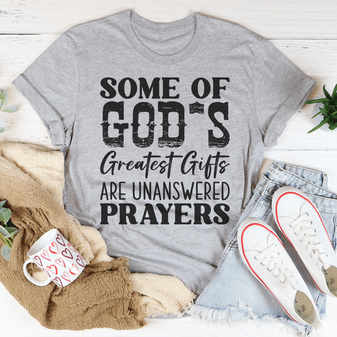 Heather gray crewneck T-shirt with bold black faith quote graphic on the front