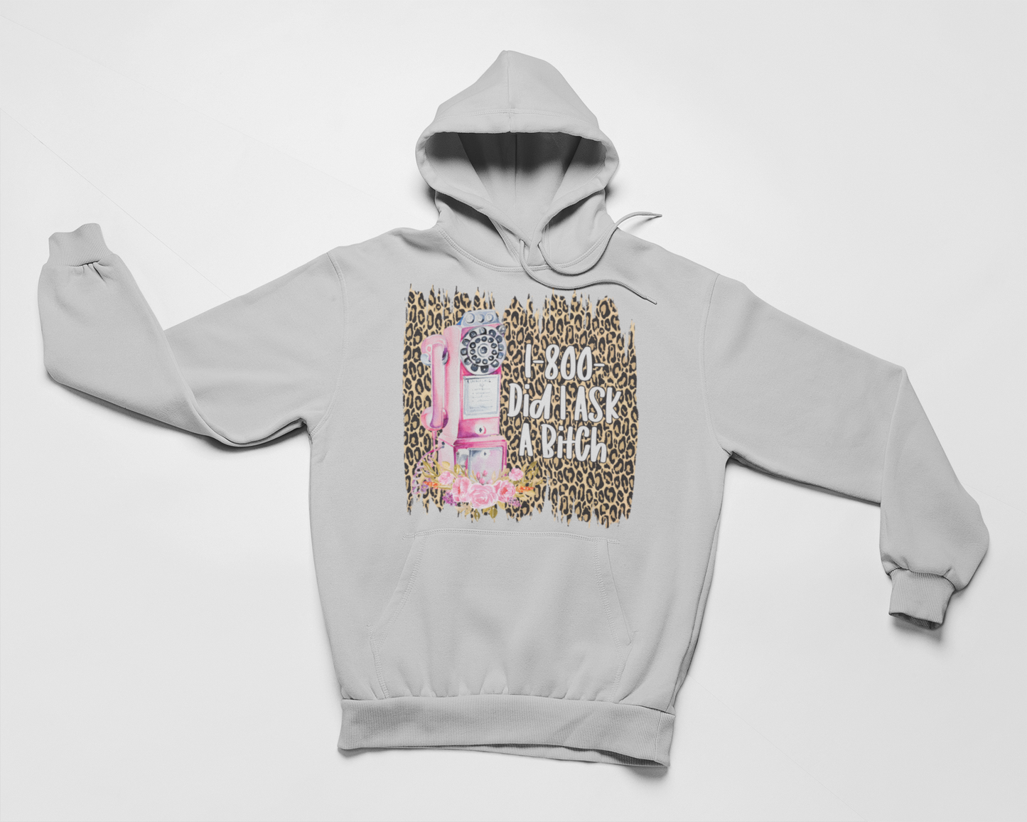 Light heather gray pullover hoodie with hood, kangaroo pocket, and front graphic print