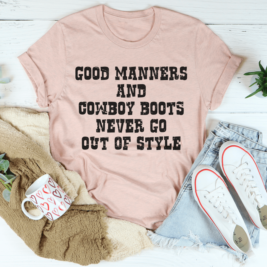 Mauve crewneck T-shirt with cowboy boots text “Never Go Out of Style” print