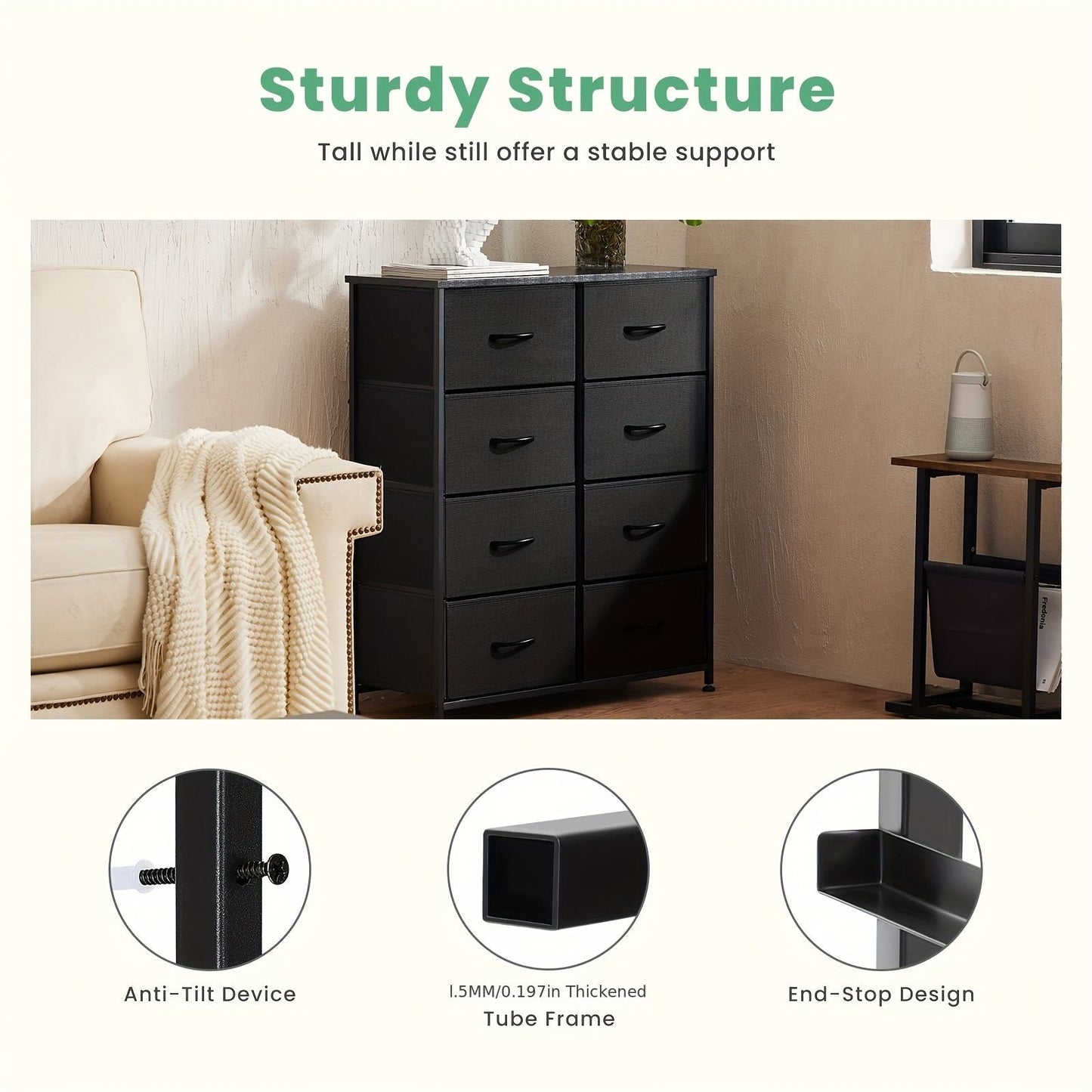 Dresser for Bedroom with 8 Drawers Tall Dresser & Chest of Drawers Fabric Dresser with Wood Top and Sturdy Steel Frame