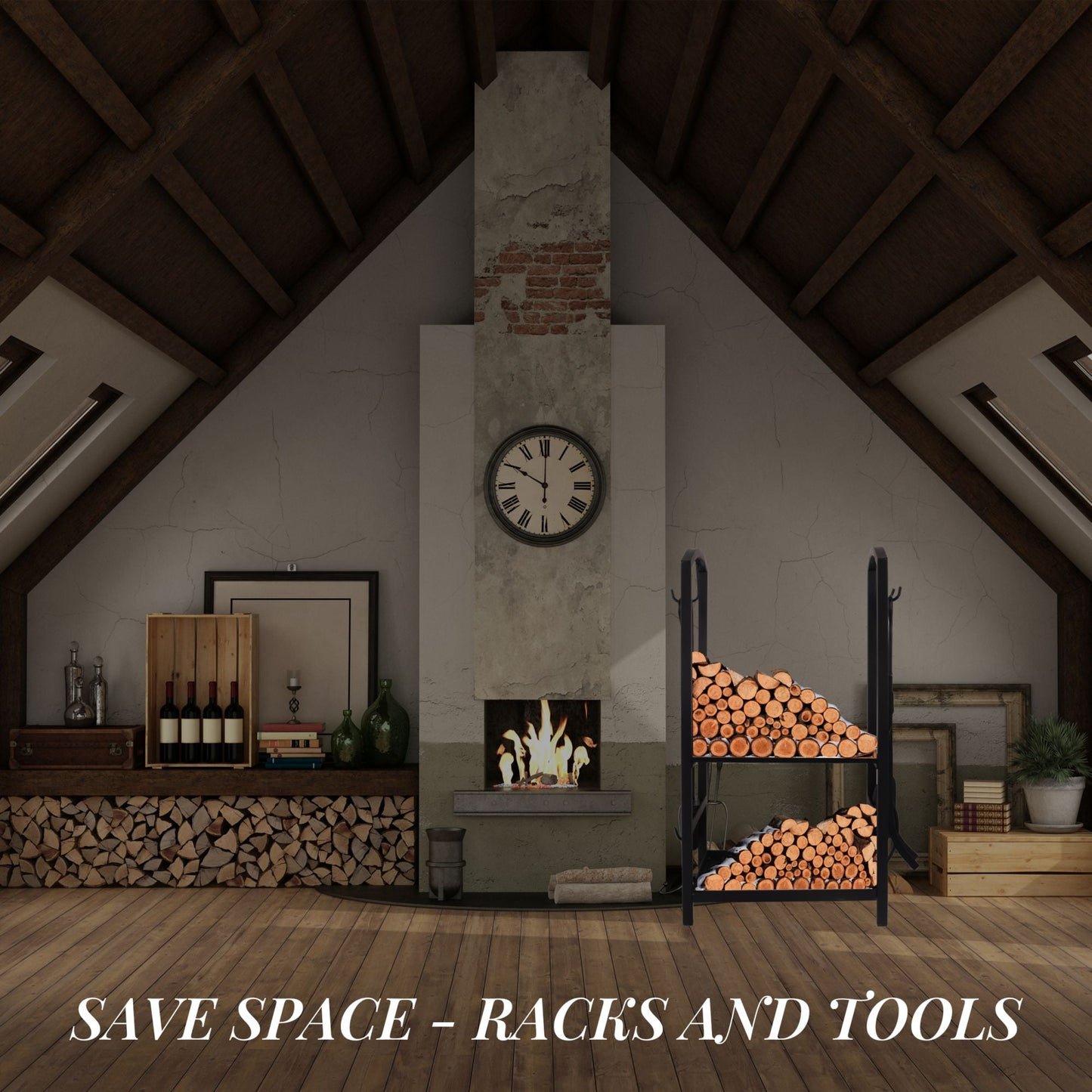 Black firewood rack holding stacked logs beside an indoor fireplace