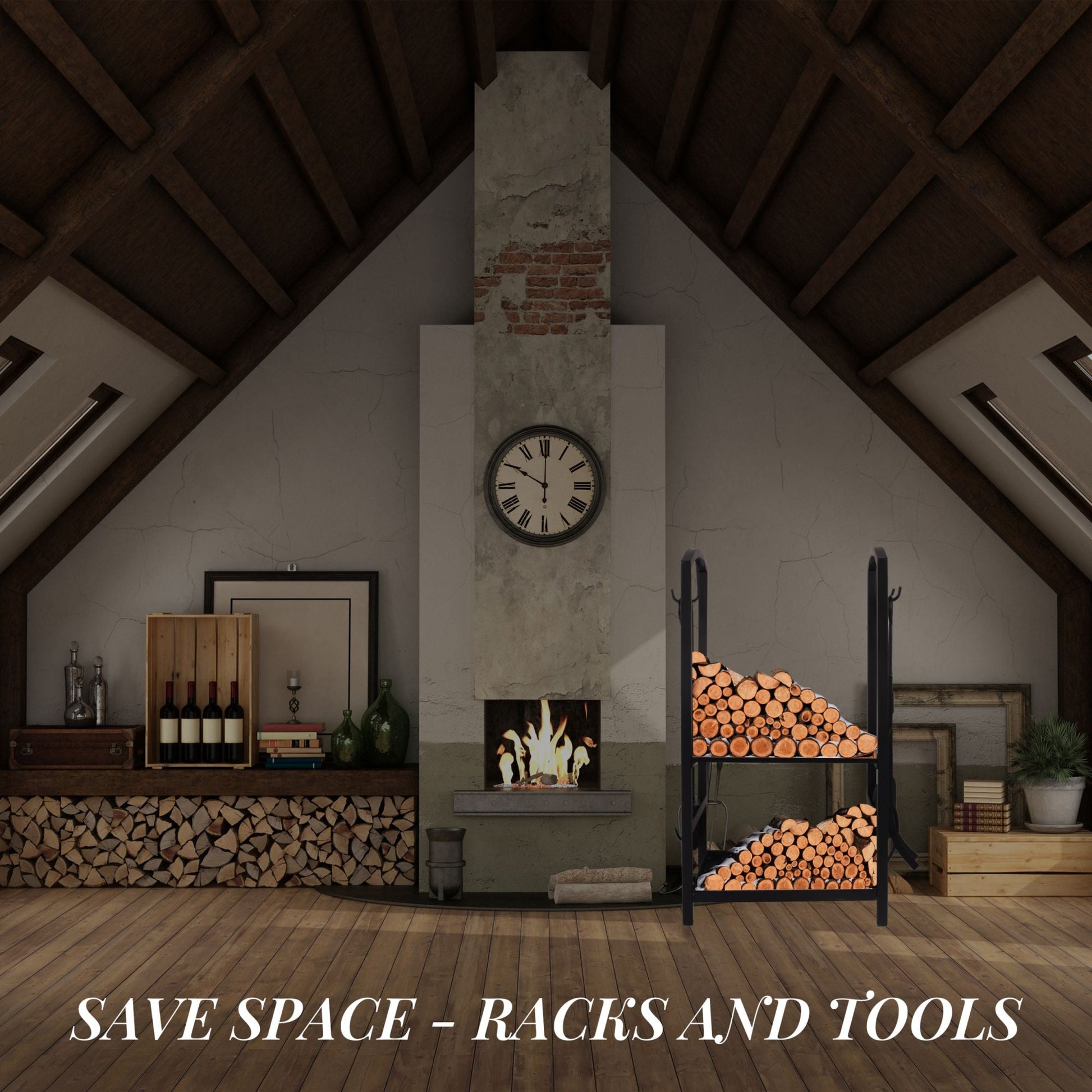 Black firewood rack holding stacked logs beside an indoor fireplace