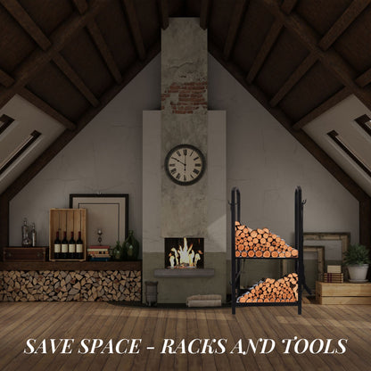 Black firewood rack holding stacked logs beside an indoor fireplace