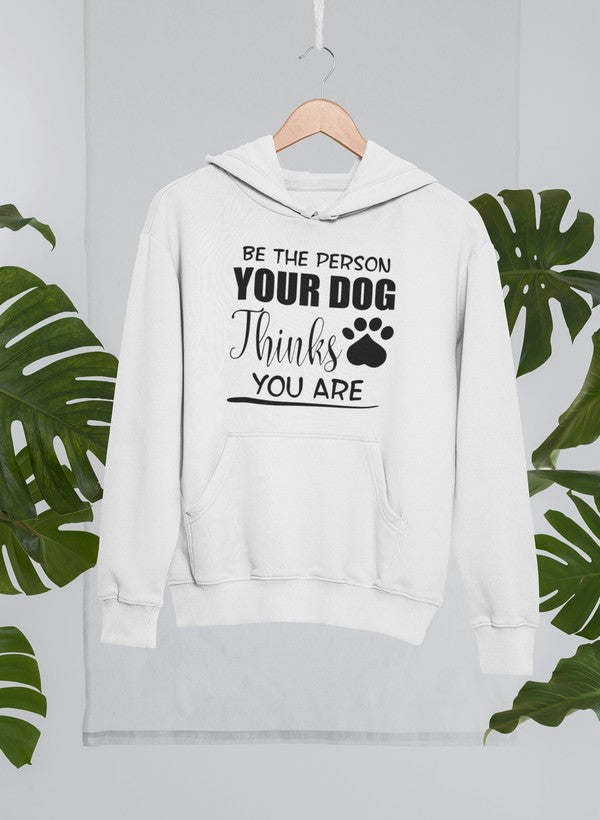White hoodie with front kangaroo pocket and dog-themed text graphic at chest