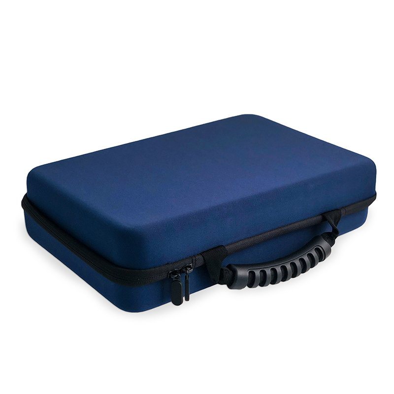 Blue large battery storage case with black zipper and attached cable holder