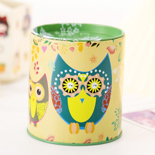 Yellow owl money bank, round tin-style storage tank with blue owl graphic