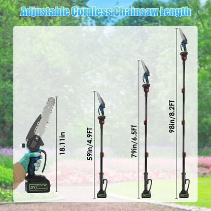 2-In-1 8' Cordless Electric Pole Saw and Mini Chainsaw with Extension Poles 2Pcs 21V 3.0Ah Batteries Adjustable Length Chain Saw With Auto Oiler Safety Switch For Wood Cutting