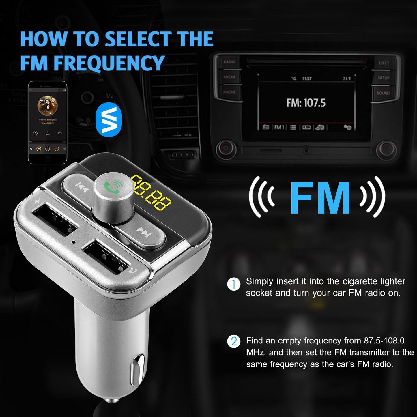Car FM transmitter with control knob and dual USB slots, LED number display on top