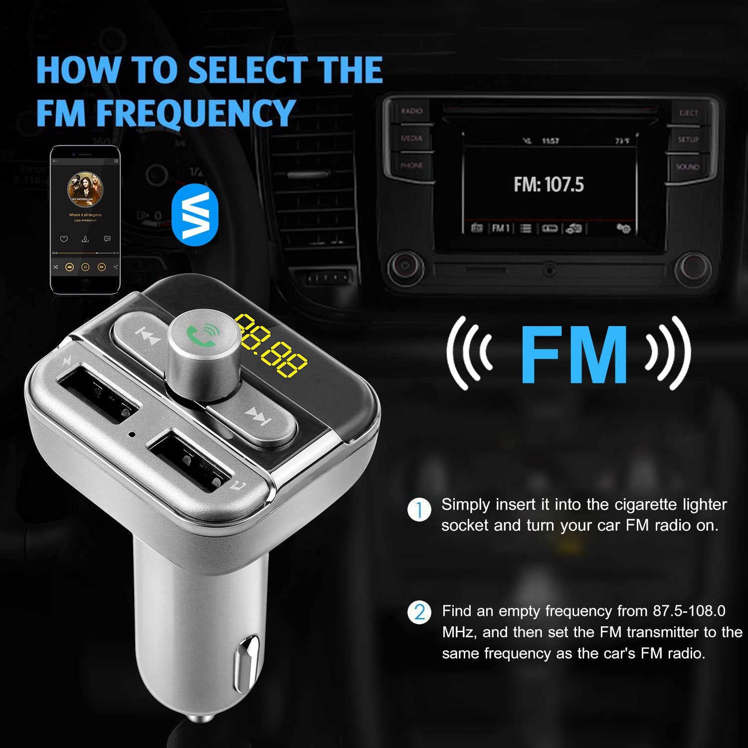 Car FM transmitter with control knob and dual USB slots, LED number display on top
