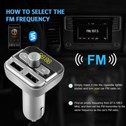 Car FM transmitter with control knob and dual USB slots, LED number display on top