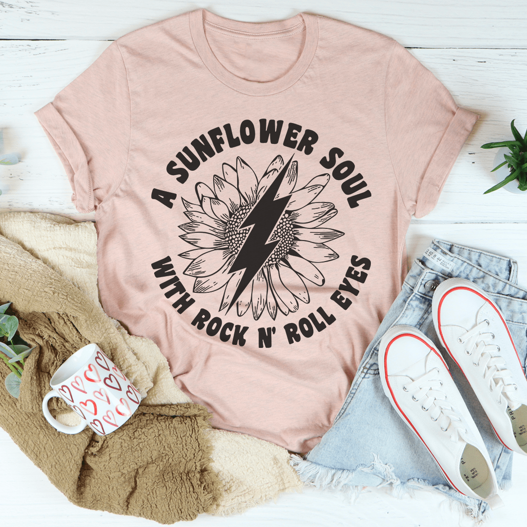Heather prism peach T-shirt with sunflower lightning and 'Sunflower Soul' graphic