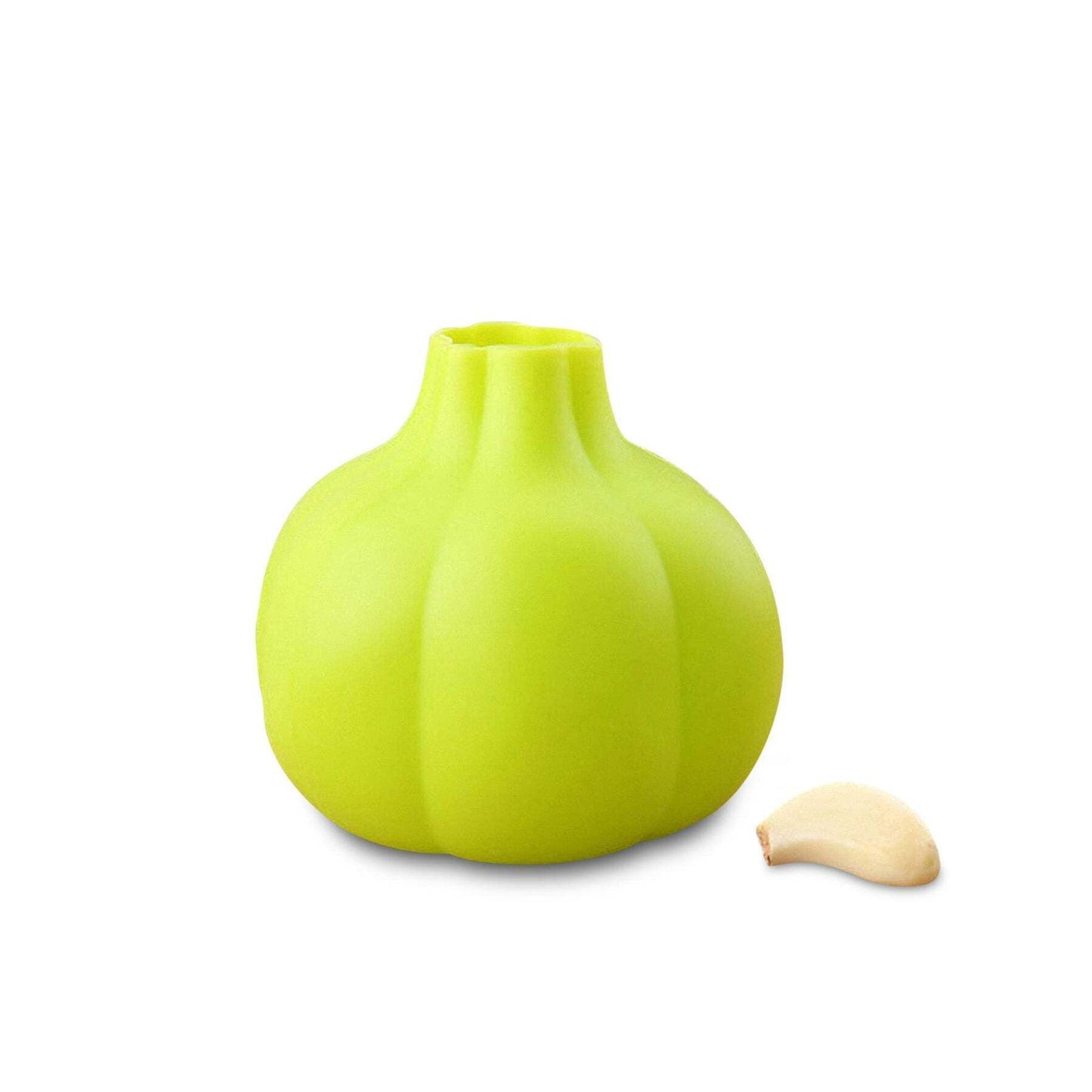 Green silicone bulb-shaped peeler with small garlic clove beside it.
